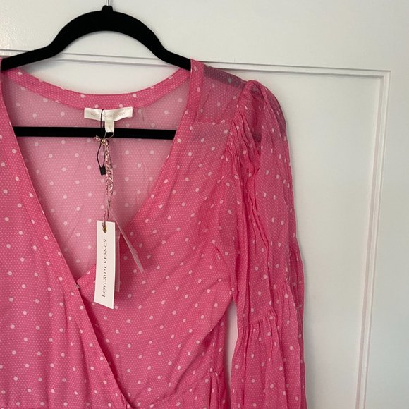 LoveShackFancy Bevelyn Pink White Polka Dot Wrap Dress Long Sleeves Front Slit - Picture 8 of 12